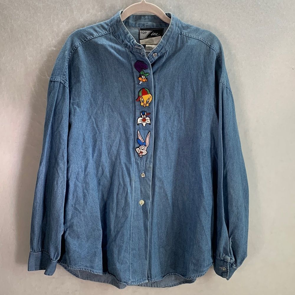 Vintage Bugs Bunny Looney Tunes 1992 Top Line USA Embroidered Denim Button Up M